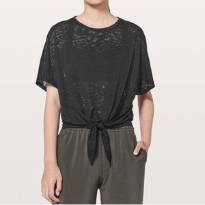 lululemon, black tshirt with tie details. black burn out, size 4.